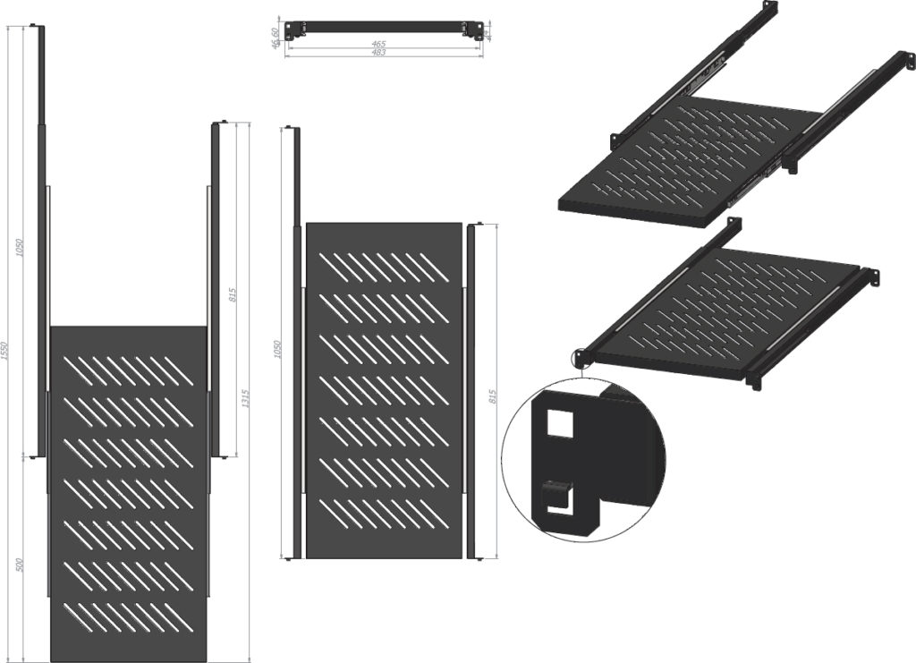 GP96158 BANDEJA MÓVEL 19 TOOLLESS PARA RACK PROF. DE 1000 À 1200 MM PT - MONTADAS